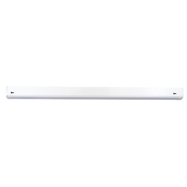 Weiße LED Unterbauleuchte in schlankem Design mit Montageöffnungen.