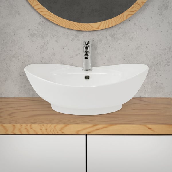 ML-Design Waschbecken aus Keramik Weiß glänzend 59x20,5x39,5 cm, Ovale Aufsatzwaschbecken, Moderne Waschtisch, Waschschale mit Abflussloch, Waschplatz Handwaschbecken, für das Badezimmer und Gäste-WC