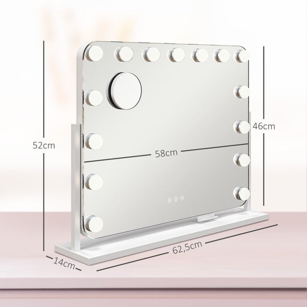 HOMCOM Hollywood Spiegel mit Beleuchtung 62,5x52 cm 360°Drehbar Schminkspiegel mit 15 LED Licht 3 Lichtfarben USB-Ladeanschluss Handyhalterung Touchschalter, Kosmetikspiegel 10X Vergrößerung Weiß