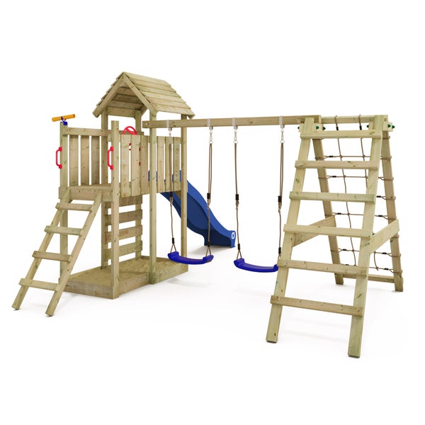 WICKEY Spielturm Klettergerüst RocketFlyer mit Schaukel und Rutsche, Kletterturm mit Sandkasten, Kletteranbau und Spiel-Zubehör - blau