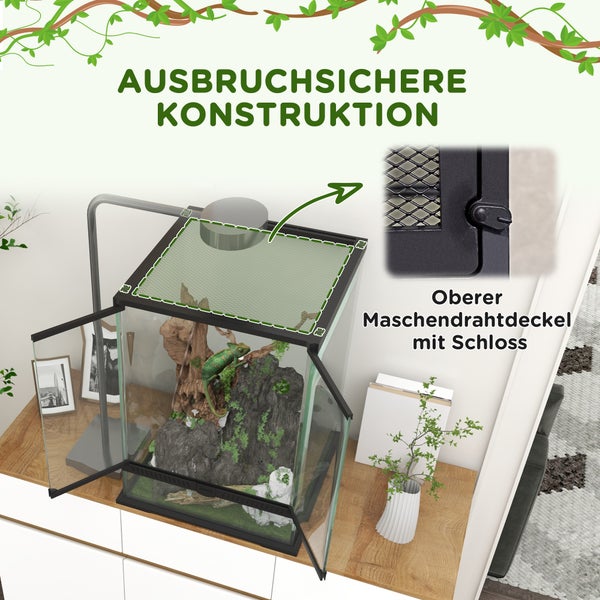 PawHut Reptile Terrarium, 45L x 45B x 60H cm, Hartglas, Stahldraht, Schwarz