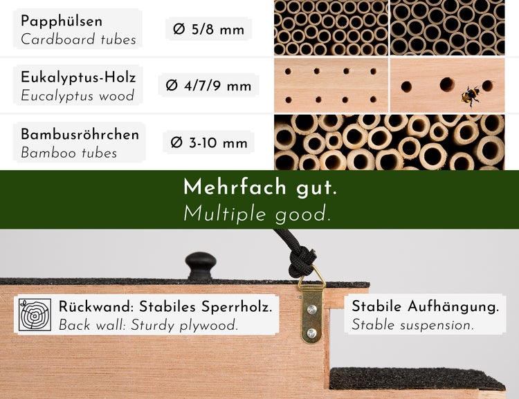 WONDERMAKE - Design Insektenhotel aus Eukalyptus-Holz mit 7 Zimmern und Terrasse, Bienenhotel groß hängend Nisthilfe für Wildbienen, braun schwarz