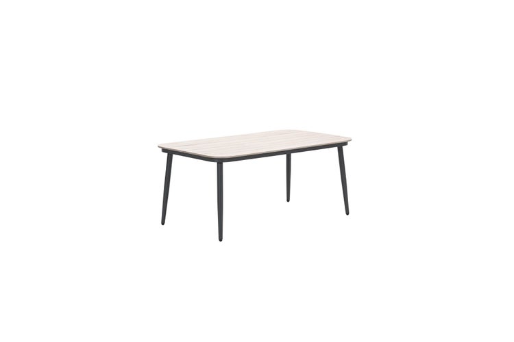 Rechteckiger Gartentisch mit einer Tischplatte in Holzoptik und einem dunklen Metallgestell mit vier Beinen.