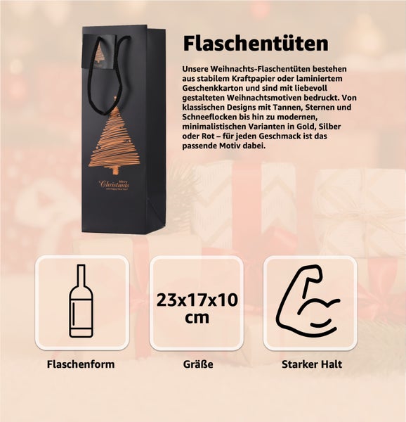 Schwarze Geschenktüte mit Weihnachtsbaum Motiv und den Maßangaben 23x17x10 Zentimeter.