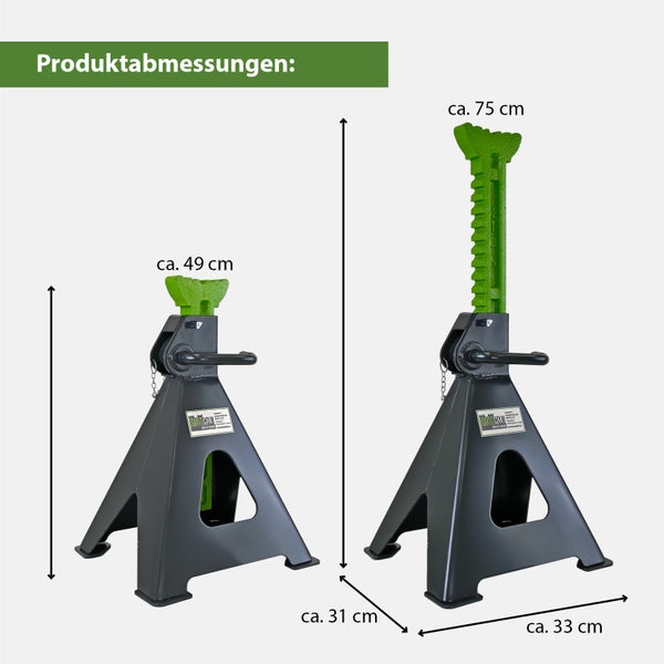 Trutzholm Unterstellbock Paar mit variabler Hoeheneinstellung zwischen circa 49 Zentimeter und circa 75 Zentimeter sowie Maßangaben.
