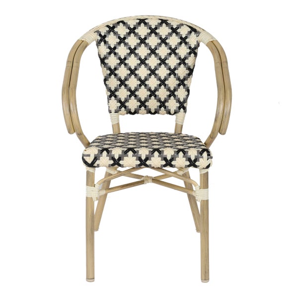 Bistro-Stuhl mit cremefarbenem, schwarzem und grauem Flechtmuster, Aluminiumgestell in Holzoptik, für Garten und Balkon.