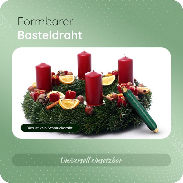 Grüner Basteldraht an einem Adventskranz mit roten Kerzen und Dekoration. Formbarer, universell einsetzbarer Draht für Bastelarbeiten.