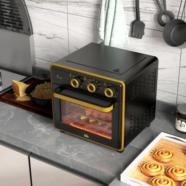 HOMCOM Minibackofen 20L, 5 in 1 Pizza-Ofen inkl. Backblech Set, 1 Std. Timer, 90-230℃, 1400 W, 36L x 37,7B x 34,5H cm, Stahl, Hartglas, Edelstahl, Metall, Schwarz