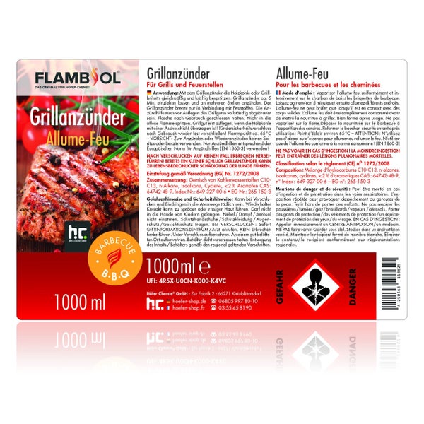 Flammbol Grillanzünder, 1000 ml Flasche für Grills und Feuerstellen
