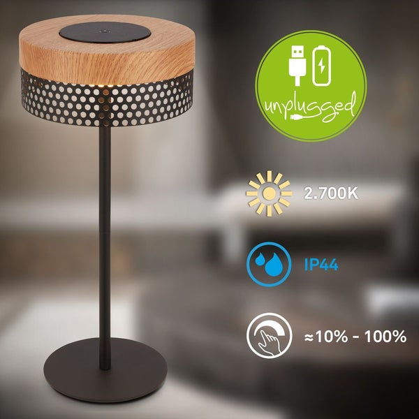 Briloner Booha LED Tischlampe kabellos IP44, Dimmbar, Touch, Akku, Spritzwasserschutz, Schwarz-Holz, Ø16 x 35 cm