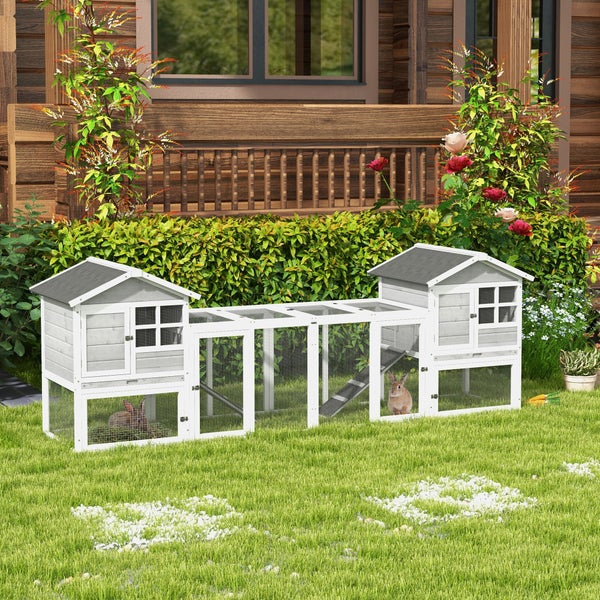 PawHut Kaninchenstall Kleintierstall aus Holz Kaninchenhaus mit Außengehege, Rampe, Kleintierhaus mit Bodenwanne, Kleintierkäfig für Indoor Outdoor Grau 259 x 64 x 92 cm