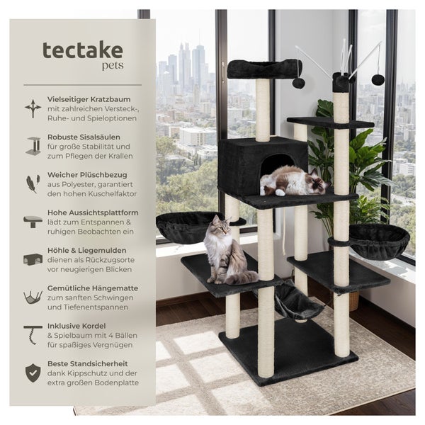 Kratzbaum tectake Lilou inklusive 4 Spielbällen, Kordel und Kippschutz 165 cm schwarz