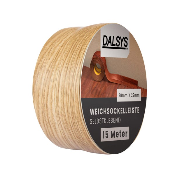 Dalsys Weichsockelleiste selbstklebend, 15 Meter, 28 Millimeter mal 22 Millimeter. Dalsys Logo.
