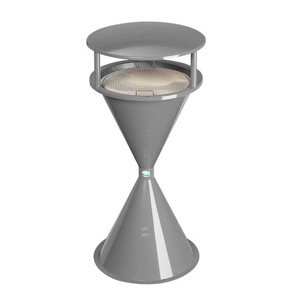 Standascher aus Metall in Sanduhrform mit flacher Abdeckung und integriertem Siebeinsatz für Sand.