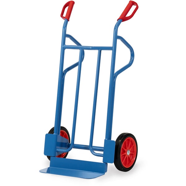 Blaue Sackkarre mit roten Griffen und Rädern