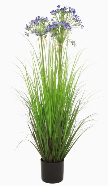Künstlicher Agapanthusstrauß mit grünen Stielen und blau violetten Blütenständen, mit einem Band gebunden.