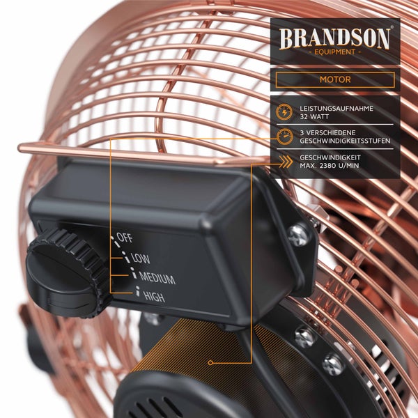 Brandson Windmaschine Retro Stil, Ventilator im Kupfer Design mit 3 Geschwindigkeiten, Standventilator 32 Watt, Tischventilator, 120° einstellbar