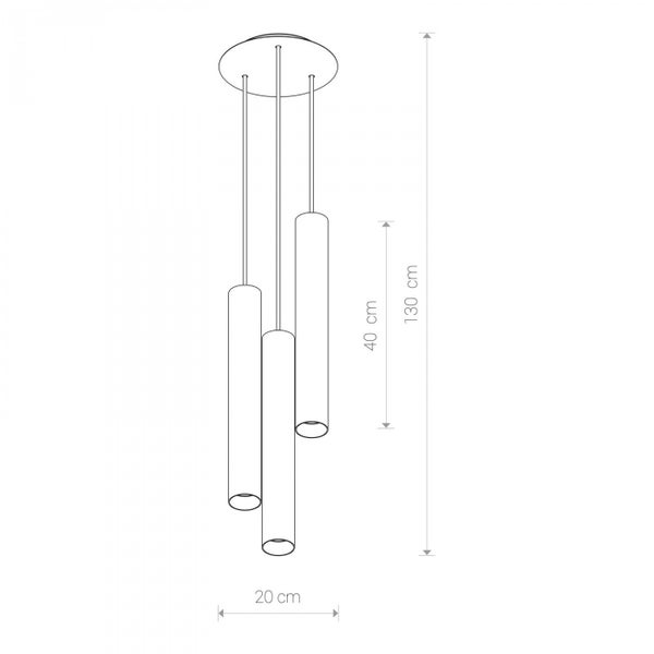 Technische Zeichnung einer Hängelampe mit drei Leuchten und Abmessungen