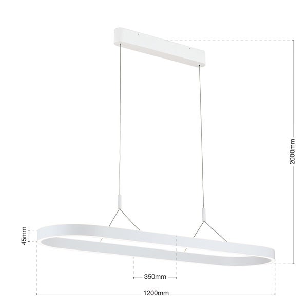 Moderne LED Pendelleuchte in ovaler Form mit Maßangaben 1200 Millimeter Länge und 2000 Millimeter Abhängung für die Deckenmontage