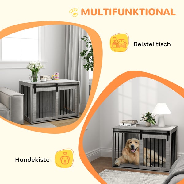 PawHut Hundekäfig für Zuhause, Abschließbar Hundehütte mit Eingang, Hundebox mit Schiebetür, Hundehaus für große Hunde unter 30 kg, Grau, 98 x 58 x 61 cm