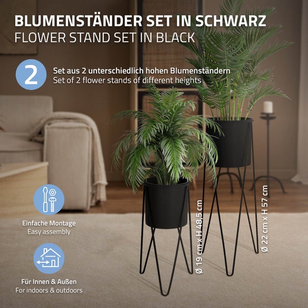 ML-Design Blumenständer 4er Set, Schwarz, 27x27x48,5 cm/35,5x34x75 cm, aus Stahl, Metallgestell Pflanzenständer, Blumentopfhalter 4-tlg, Blumentopfständer Blumenhocker Pflanztopf Deko Pflanztopfhalter