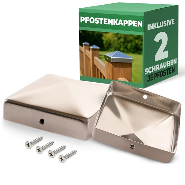 Zwei Pfostenkappen aus Edelstahl in Pyramidenform inklusive vier Schrauben für Holzzaunpfosten.