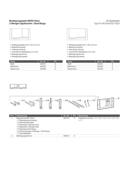 Datenblatt der MEPA Wave Betätigungsplatte für Unterputz-Spülkästen mit zwei Mengen und Start-Stopp-Spültechnik sowie Zeichnungen der Ersatzteile.