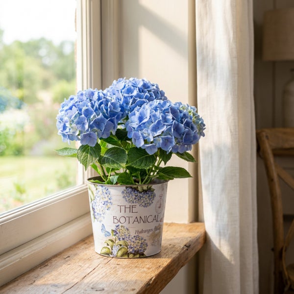 Hortensie in einem dekorativen Metallübertopf mit botanischem Aufdruck auf einer Fensterbank