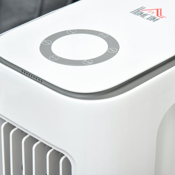 Bedienfeld eines Homecom Luftkühlers mit kreisförmiger Steuerung für Funktionen wie Ein und Aus, Timer, Geschwindigkeit, Wind und Kühlung.