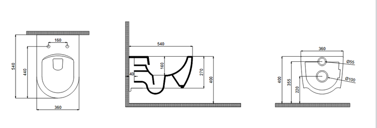 Technische Zeichnung eines wandhängenden WCs mit Maßangaben