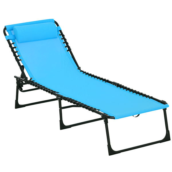 Klappbare Gartenliege in Blau, Maße 189 mal 58 Zentimeter, belastbar bis 120 Kilogramm, verstellbare Rückenlehne.