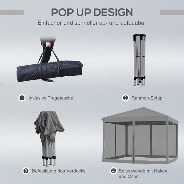 Outsunny Pavillon ca.3x3m, wasserabweisend Stabil Winterfest Pop-up Faltpavillon mit UV Schutz, Faltbar Partyzelt Gartenzelt mit 4 Seitenteilen, Tasche Gartenpavillon für Camping Garten, Hellgrau