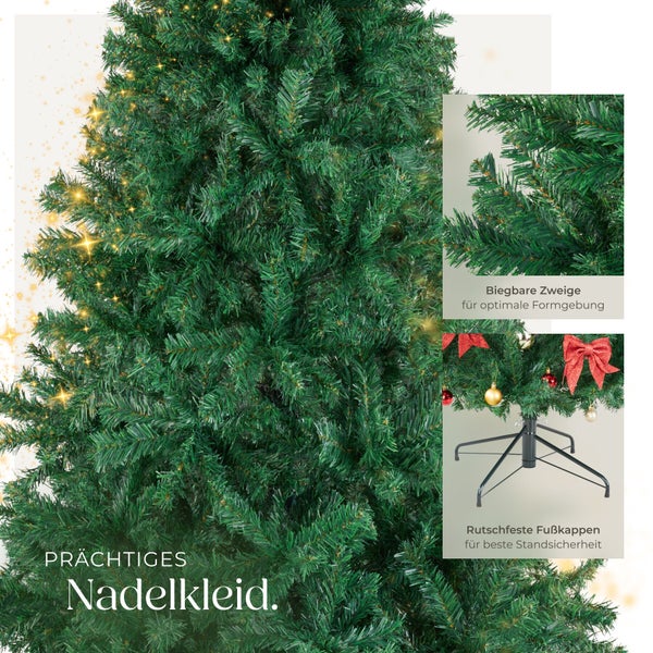 Künstlicher Weihnachtsbaum mit biegsamen Zweigen und stabilem Metallständer mit rutschfesten Fußkappen für einen sicheren Stand.