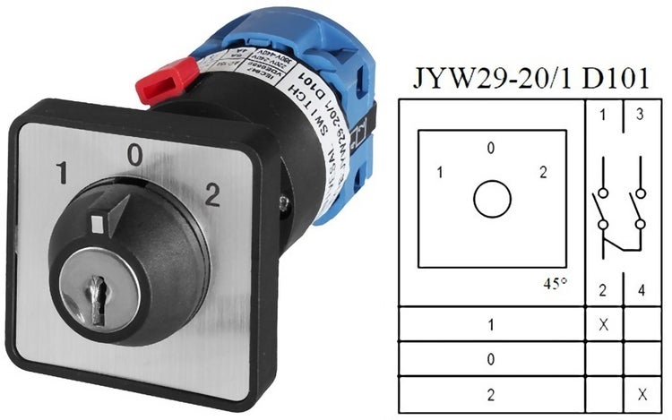 Nockenschalter mit Schlüsselsperre, Stellungen 1-0-2 und technischem Schaltdiagramm bei 45 Grad.