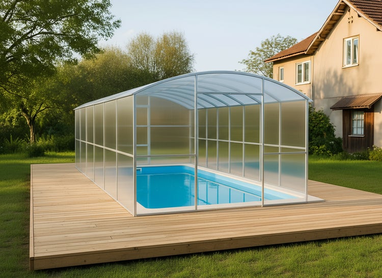 Schwimmbadüberdachung auf Holzterrasse im Garten