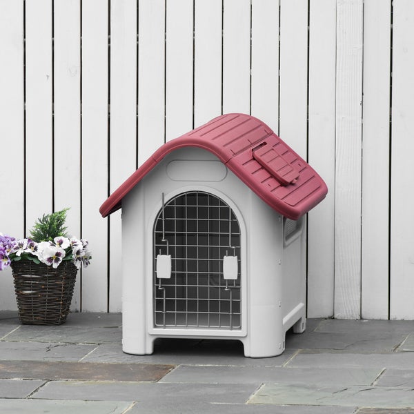 PawHut Hundehütte, Outdoor Hundehaus mit Dachluke Tor, 59 x 75 x 66 cm, Metall, Kunststoff, Rot+Hellgrau