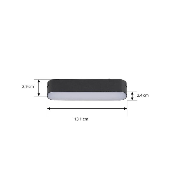 Rechteckige LED-Leuchte mit Abmessungen: Länge 13,1 Zentimeter, Höhe 2,9 Zentimeter und Tiefe 2,4 Zentimeter.