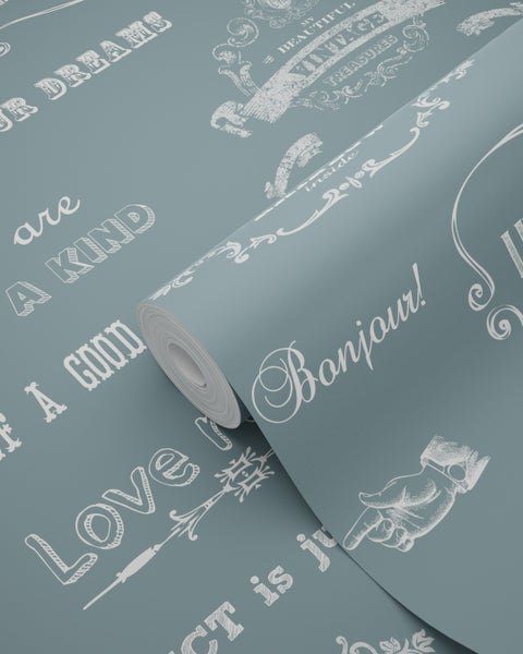 Tapetenrolle mit Vintage Motiven und Schriftzügen