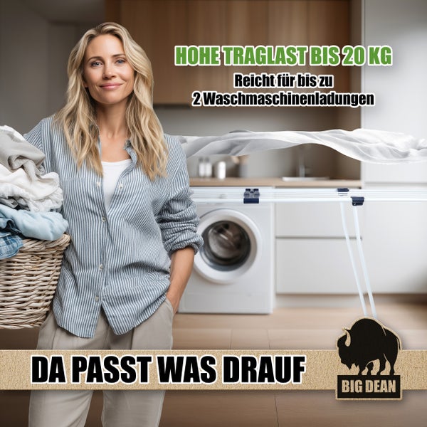 Wäscheständer mit Frau und Wäschekorb im Bad