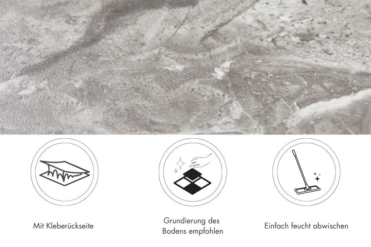 Vinylboden mit Steinoptik und Kleberueckseite, grundierungsbeduerftig und pflegeleicht durch feuchtes Abwischen.