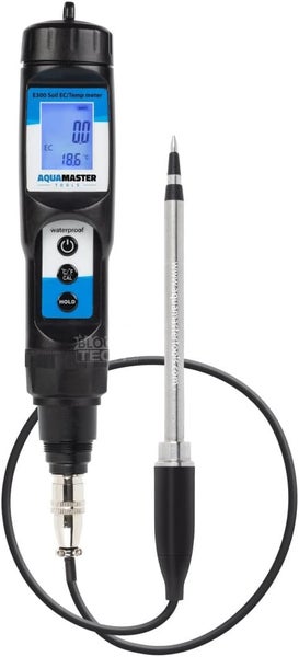 Aqua Master Tools Bodenmessgerät E300 für Leitfähigkeit und Temperatur mit externer Sonde und digitaler Anzeige.