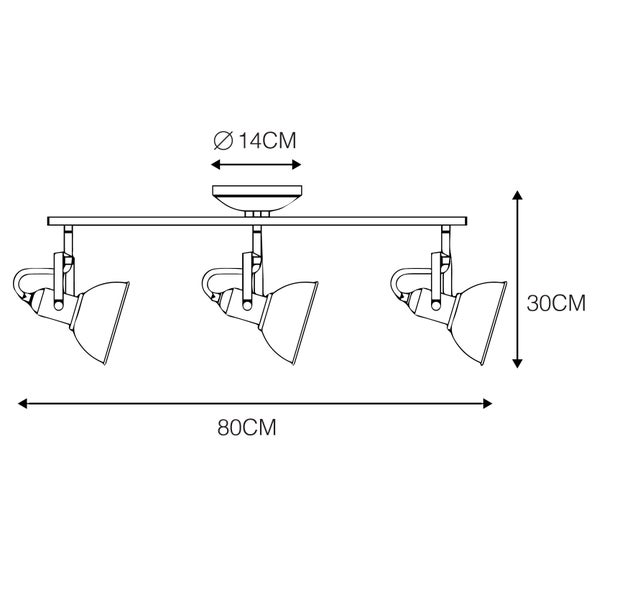 Skizze einer Deckenleuchte mit drei Strahlern und Maßangaben