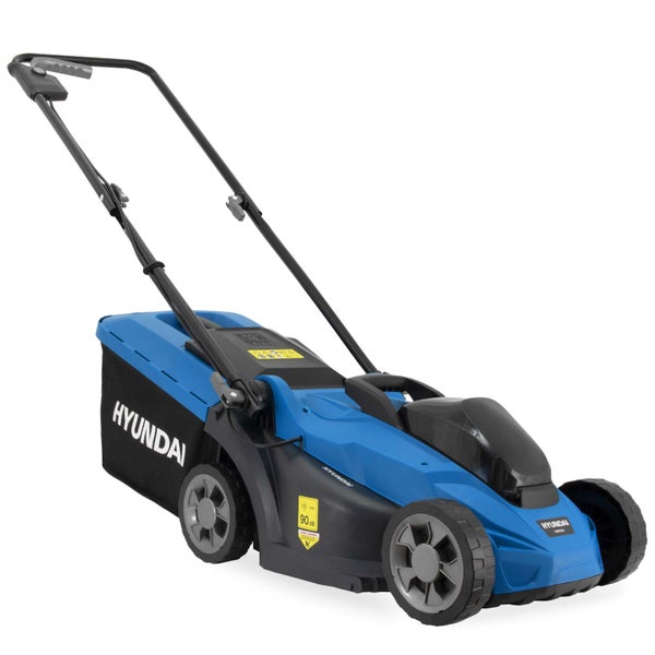 Hyundai Akku-Rasenmäher in Blau und Schwarz mit Grasfangkorb und verstellbarem Griff.