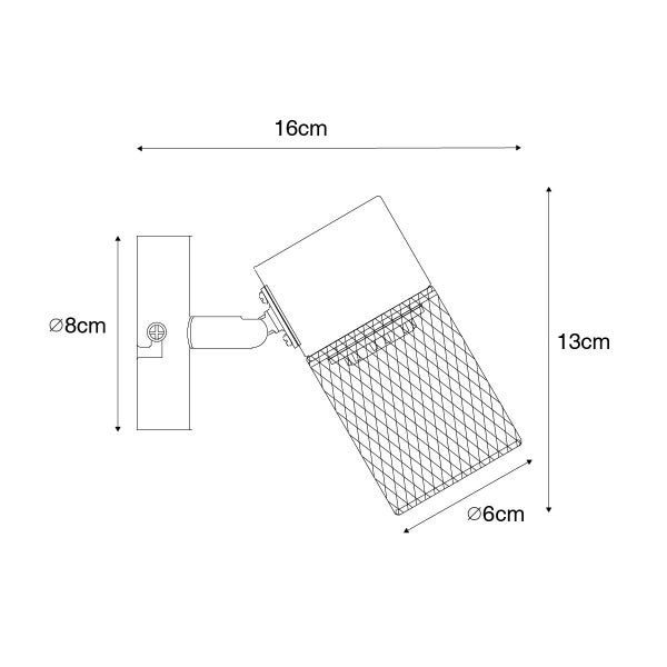 Technische Zeichnung einer Wandleuchte mit den Maßen 16 cm Breite, 13 cm Höhe und Durchmesser von 8 cm und 6 cm.