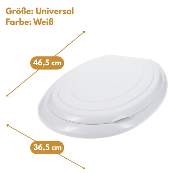 Universal-WC-Sitz mit einer Länge von 46,5 Zentimetern und einer Breite von 36,5 Zentimetern.