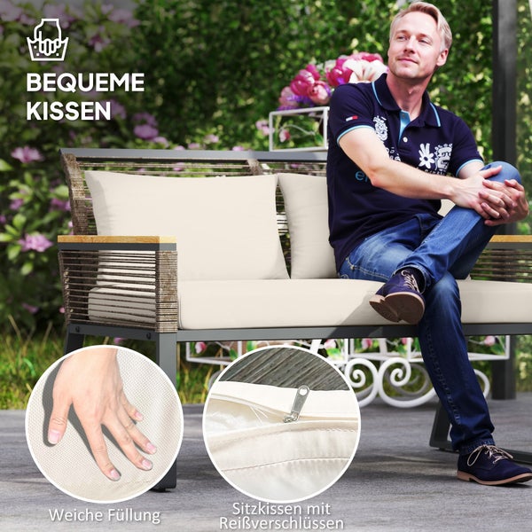 Outsunny Polyrattan Gartenmöbel Set 4 Personen wetterfest Balkonmöbel-Set mit 2er Sofa, 2 Stühle Glastisch Kissen Outdoor Sitzgruppe Gartengarnitur Gartenlounge für Garten Balkon Grau+Beige