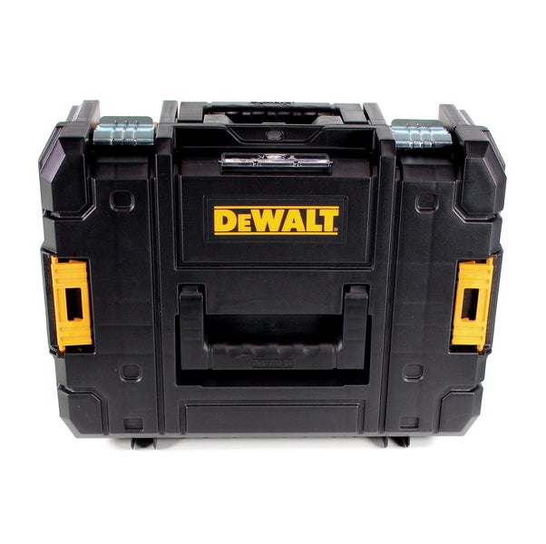 DeWALT Werkzeugkoffer TSTAK aus robustem Kunststoff mit DeWALT Logo, Metallschließen und Tragegriff.