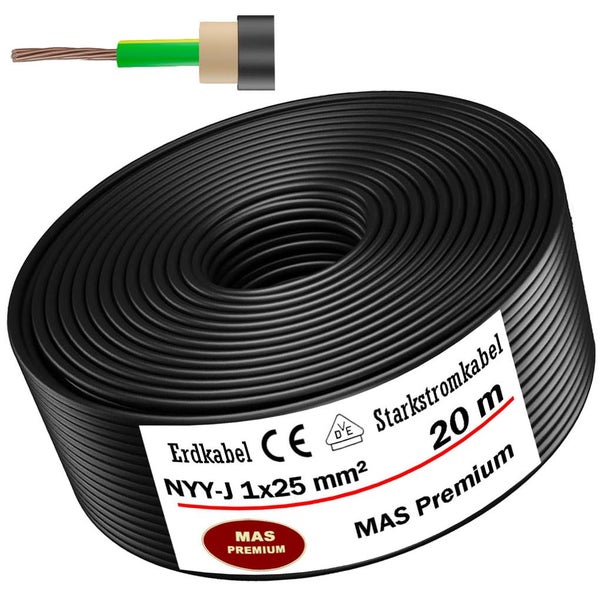 Erdkabel NYY-J 1 mal 25 Quadratmillimeter, Länge 20 Meter, MAS Premium Starkstromkabel.