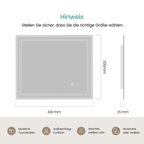EMKE Badspiegel mit LED-Beleuchtung 60 x 50 cm, Kaltweiß 6500K, Touchschalter & Beschlagfrei, dimmbar, IP44, für Bad