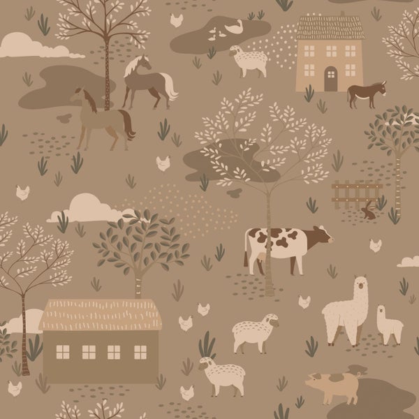 Illustration eines Bauernhofmusters mit Tieren und Häusern